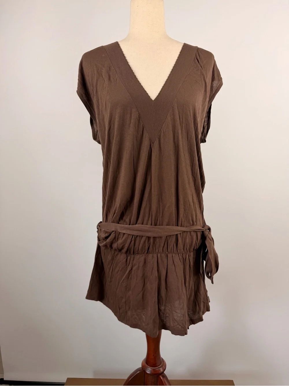 Tommy Brown V-Neck Short Sleeve Belted Tunic Dress Size L